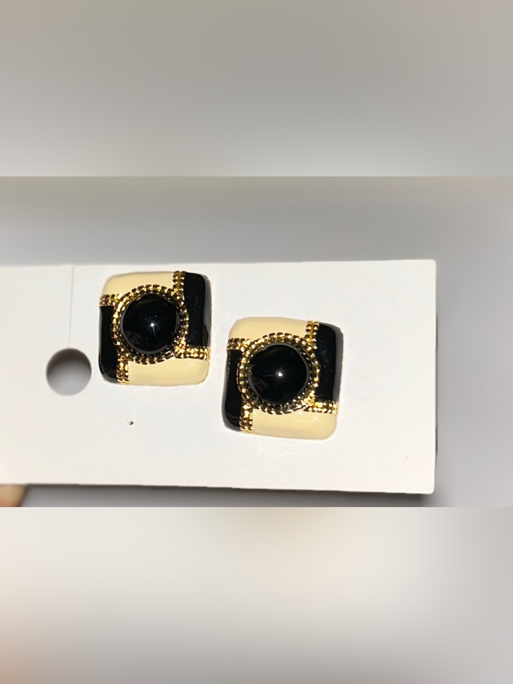 VTG Gold Earrings Enamel Square Retro Black Cream Square Very Chanel Vibes EUC
